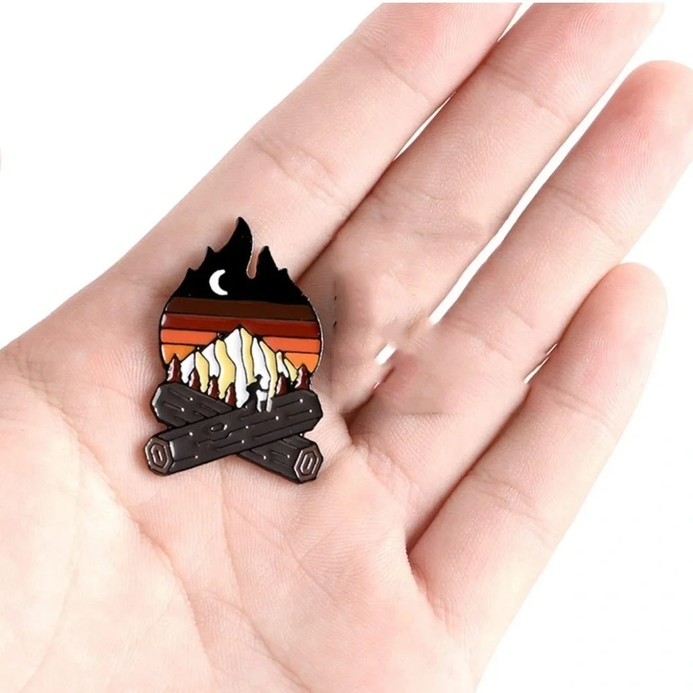 Women’s Jewelry Outdoor Mountain Moon in Sky Campfire Shaped Sun Set Enamel Pin